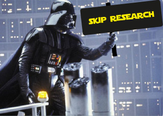 Dark Vader holding a sign Skip Research